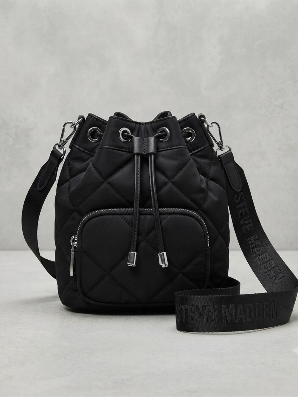 ​Steve Madden Black Quilted Nylon Bucket Bag Crossbody Purse Logo Strap